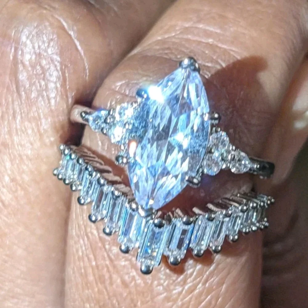 Luxury 925 Silver 4ct Simulated Marquise Diamond Wedding Ring Set For Women Sz 8